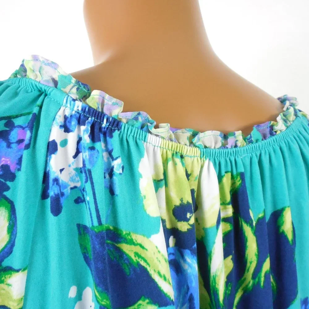 SUSAN GRAVER Top 1X Floral Blouse Stretch Green/Blue Print Chiffon Flared Sleeve - Picture 10 of 13